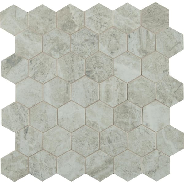 MSI Take Home Tile Sample-Everest Gray Hexagon 4 in. x 4 in. x 10mm Polished Porcelain Mesh-Mounted Mosaic Tile