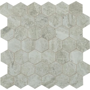 Take home Tile Smple-Everest Gray Hexagon 4 in. x 4 in. x 10mm Polished Porcelain Mesh-Mounted Mosaic Tile
