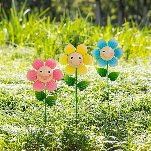 フラワー・ガーデニング mameko42 Glitzhome 18 in. H Metal Happy Face Flower Pick, Garden Stake Wall