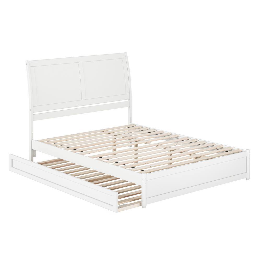 White Queen Wood Platform Bed with Trundle and Headboard