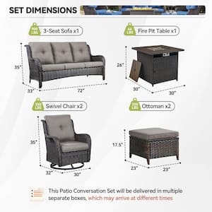 6-Piece Brown Wicker Fire Pit Conversation Set with Olefin Gray Cushions and Curved Arm Swivel Glider Chairs