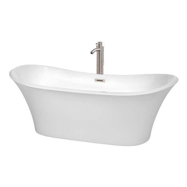 Wyndham Collection Bolera 71 in. Acrylic Flatbottom Non-Whirlpool Bathtub in White with Brushed Nickel Trim and Faucet