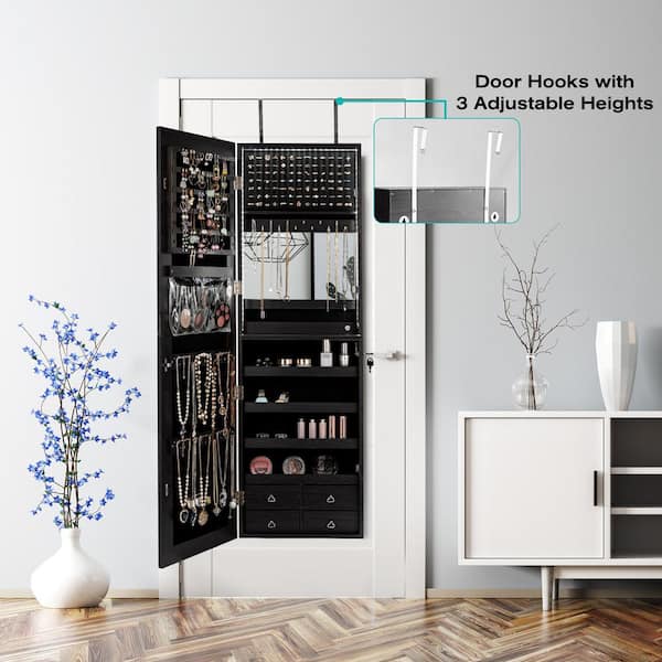 Gymax Black Mirror Jewelry Cabinet 96 LED Lights Wall Door Mounted