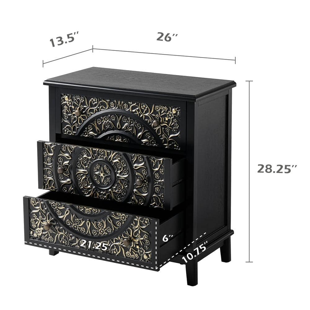 Black and Gold 3-Drawer Flower Motif Nightstand