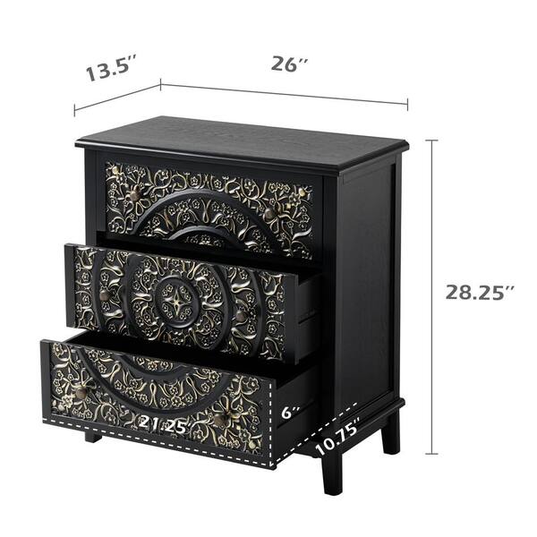 FUIN Mid-Century Black 3-Drawer 26 in. Wide Chest of Drawers