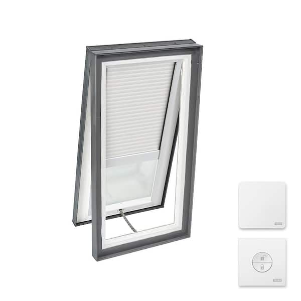VELUX 22-1/2 in. x 34-1/2 in. Venting Curb Mount Skylight w/ Tempered Low-E3 Glass & White Solar Powered Light Filtering Blind