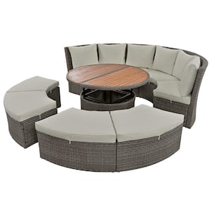5-Piece Gray Wicker Outdoor Sectional Set, Free Combination Daybed with Liftable Table and Washable Gray Cushions
