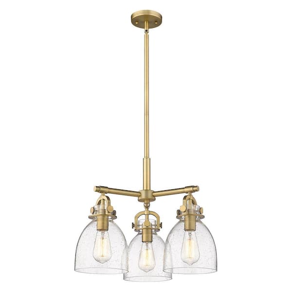 Newton Bell 100-Watt 3-Light Brushed Brass Shaded Mini Pendant Light with Seeded Glass Shade