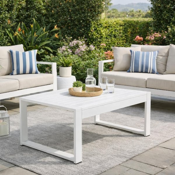 17 in. White Rectangular Metal Outdoor Coffee Table