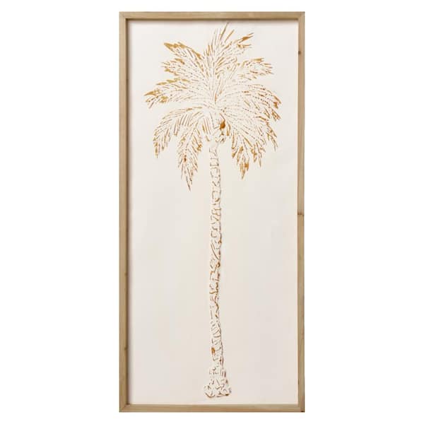 43 in. x 20.5 in. White/Gold/Natural Embossed Palm Tree Coastal Botanical Framed Metal Work Wall Art