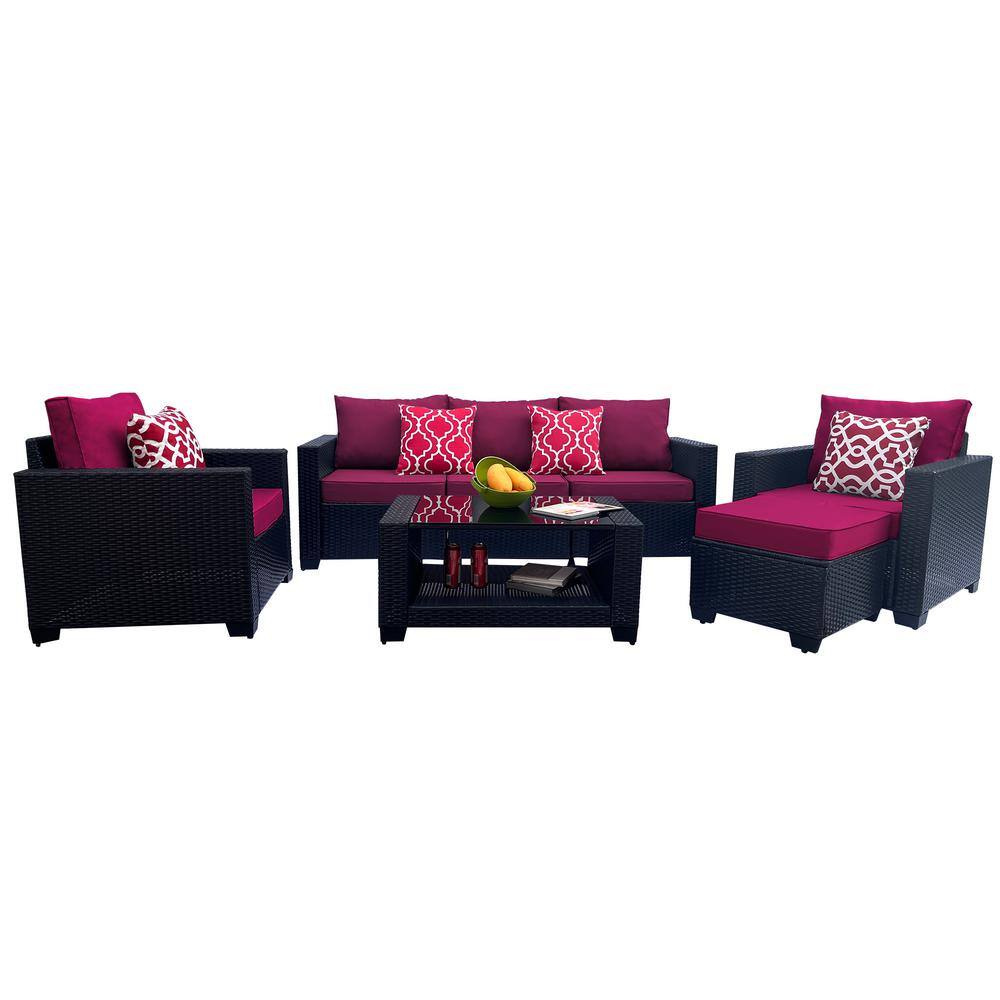 7-Piece Wicker Outdoor Sectional Set, Patio Rattan Sofa Set with Red Cushio