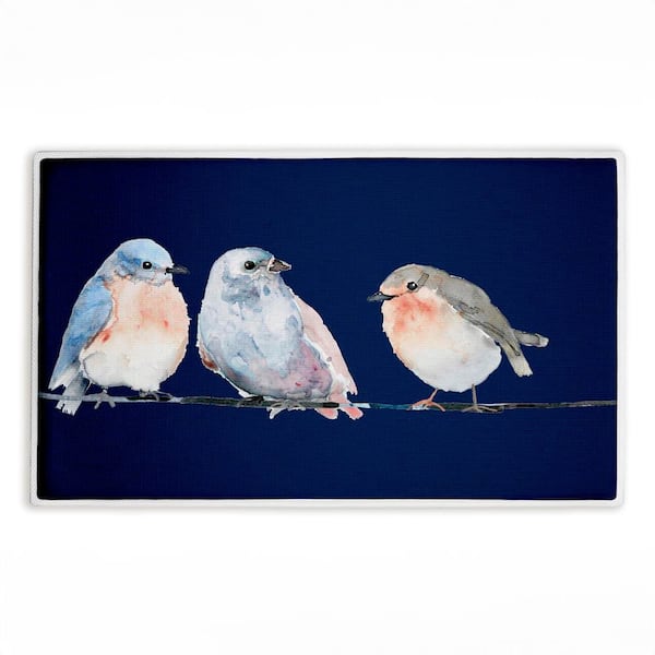 Perched Trio of Song Birds 18 in. x 30 in. Blue Graphic Polyester Blend Rectangle Bath Mat