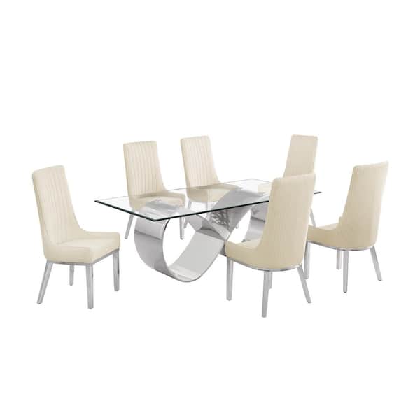 Garrett 7-Piece Clear Tempered Glass Top with Stainless Steel Base Dining Set with 6 Cream Fabric Chairs