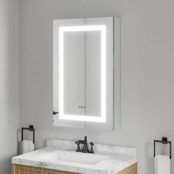 WOODSAM 20 in. W x 32 in. H Rectangular Silver Aluminum Recessed/Surface Mount left Medicine Cabinet with Mirror and LED Light