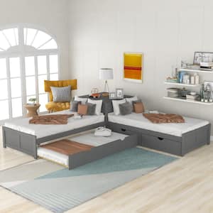 Gray Wood Frame Twin Size L-shaped Platform Bed with Trundle and Drawers Linked with built-in Desk