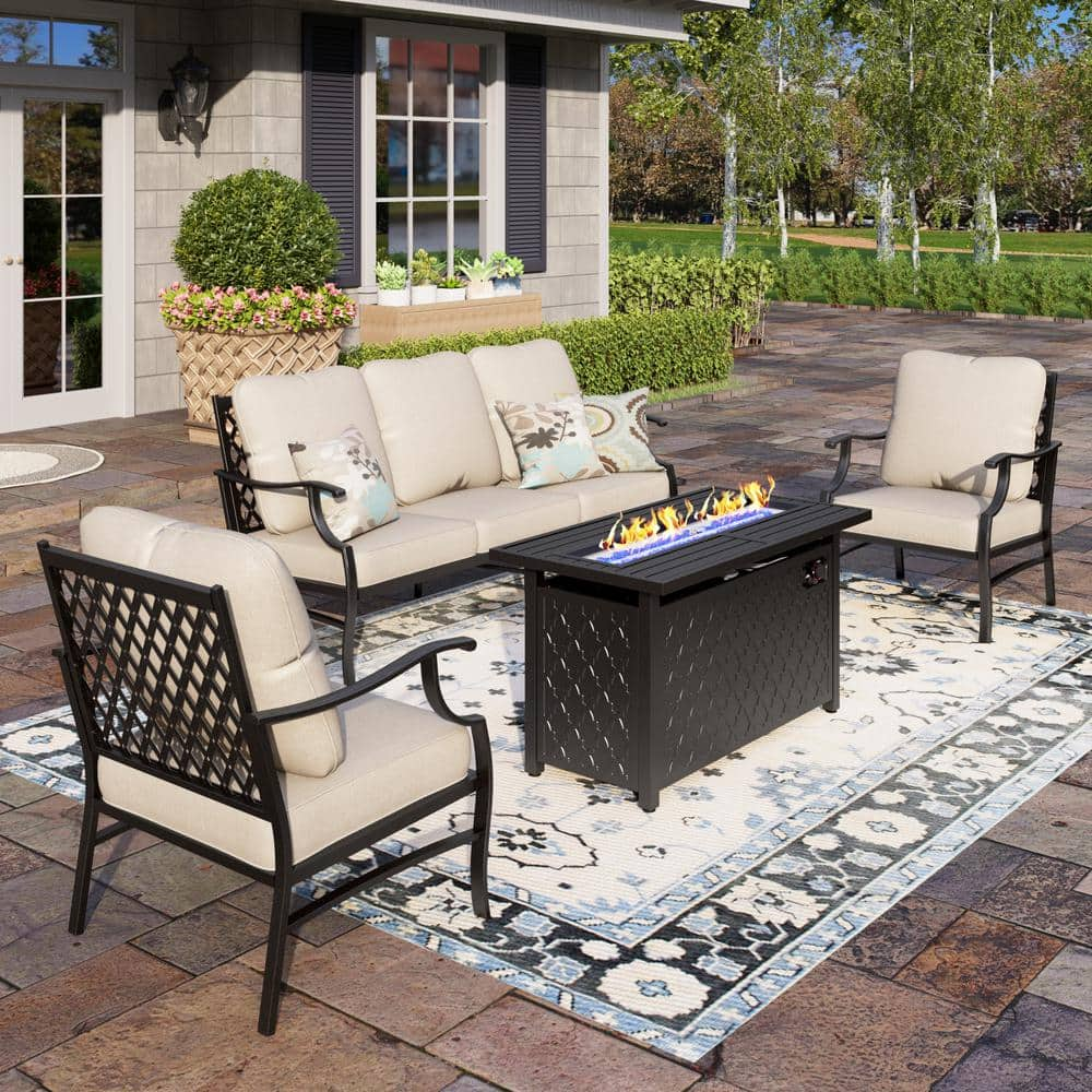 PHI VILLA Black Metal Meshed 5 Seat 4-Piece Steel Outdoor Fire Pit ...