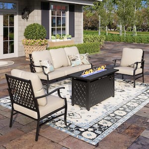 Black Metal Meshed 5 Seat 4-Piece Steel Outdoor Fire Pit Patio Set with Beige Cushions, Black Rectangular Fire Pit Table