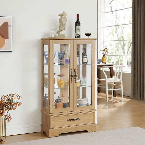 Oak 25.98 in. Display Cabinet with 1 Drawer and 2 Glass Doors
