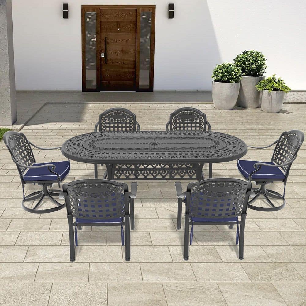 Black 7-Piece Cast Aluminum Oval Outdoor Dining Set with Swivel Chairs and All-Weather Cushions price history on PriceWatchPro