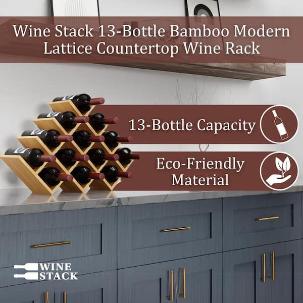 13-Bottle Light Wood 22.05 in.W Tabletop Bamboo Wine Rack Stackable Wine and Liquor Bottle Storage, No Tools Assembly