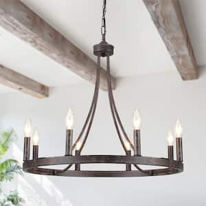 Loene 8-Light Antique Brown Farmhouse Candle Style Dimmable Wagon Wheel Chandelier for Living Room Kitchen Island Light