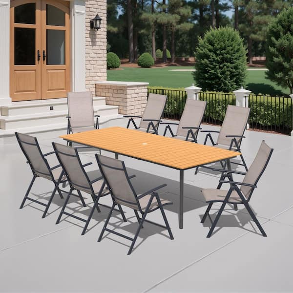 Crestlive Products 9-Piece Metal Outdoor Dining Set with 94.49 in. Faux Wooden Table in Brown and Foldable Chairs in Espresso