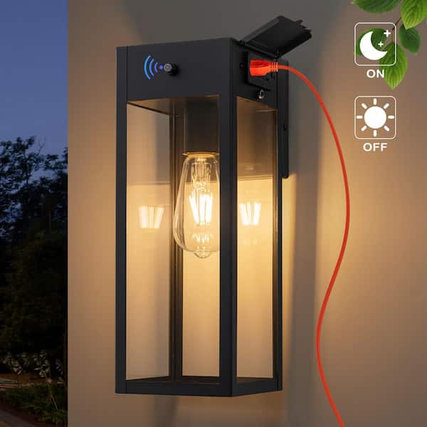 14.5 in. Black Dusk to Dawn Outdoor Hardwired Wall Lantern Sconce with GFCI Outlet, No Bulbs Included