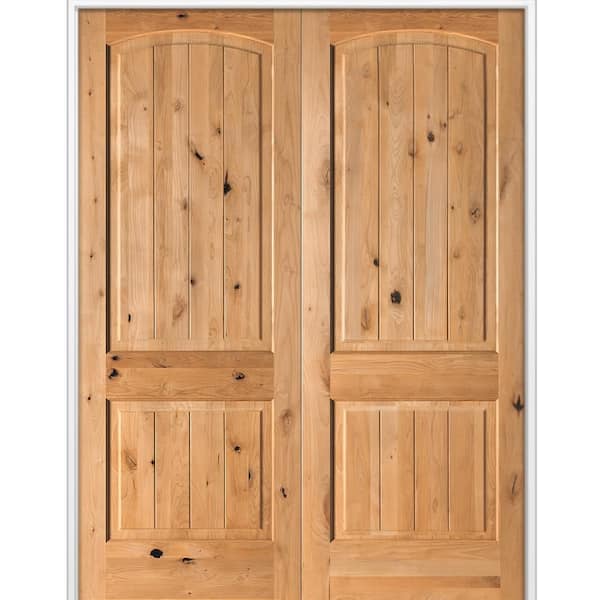 64 in. x 96 in. Rustic Knotty Alder 2-Panel Arch Top VG Universal Cedar Stain Wood Double Prehung Interior Door