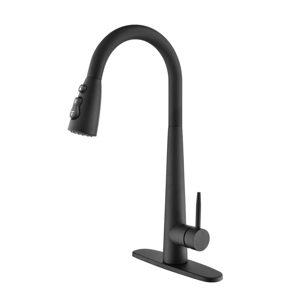 Single Handle Pull Down Sprayer Kitchen Faucet with Deck Plate in Matte Bla