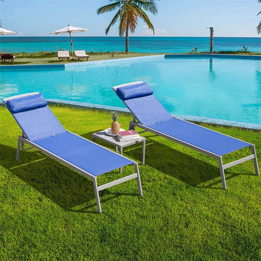 3-Pieces Aluminum Patio Chaise Lounge Set with Table, 5 Position Adjustable