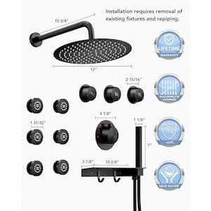 3-Spray Patterns with 2.5 GPM 12 in. Wall Mount Dual Shower Heads with 6-Body Jets in Matte Black (Valve Included)