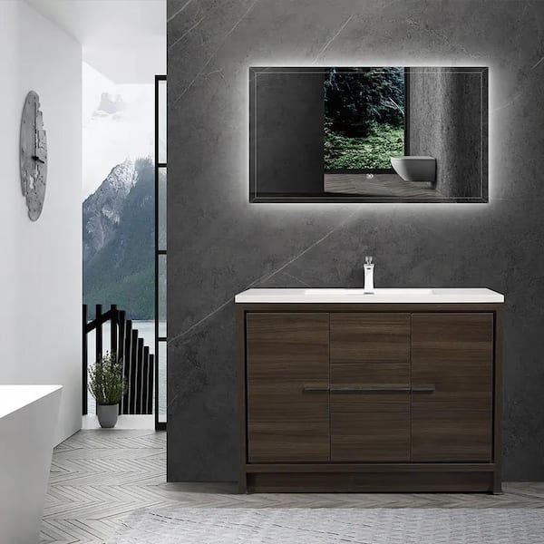 Unbranded 48 in. W x 19 in. D x 34 in. Single Sink H Freestanding Bathroom Vanity in Grey Oak with White Solid Surface Top