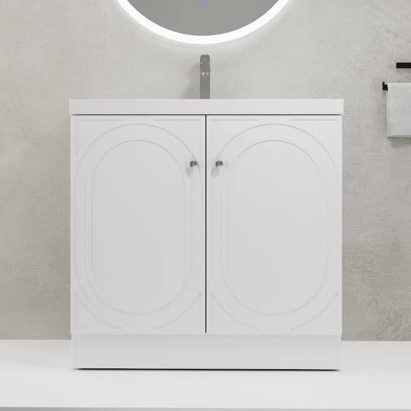 36 in. Single Sink Freestanding White Bath Vanity with White Resin Top, Adjustable Shelf, Sewer Cover