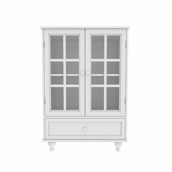28 in. W x 15 in. D x 38 in. H White Linen Cabinet with Double Glass Doors and Drawer