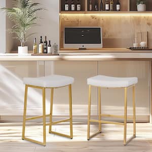 25.2 in. White PU Leather Bar Stools with Backless Saddle Design and Golden Metal Frame for Kitchen Counter