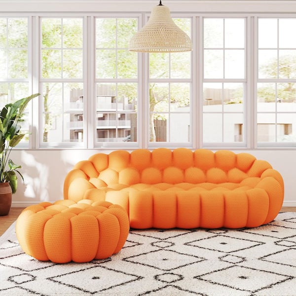 Magic Home (Set of 2) Bubble Curved Sofa, 98 in. Mesh Fabric Sectional Sofa 3-Seater Couch with Ottoman for Apartment in Orange