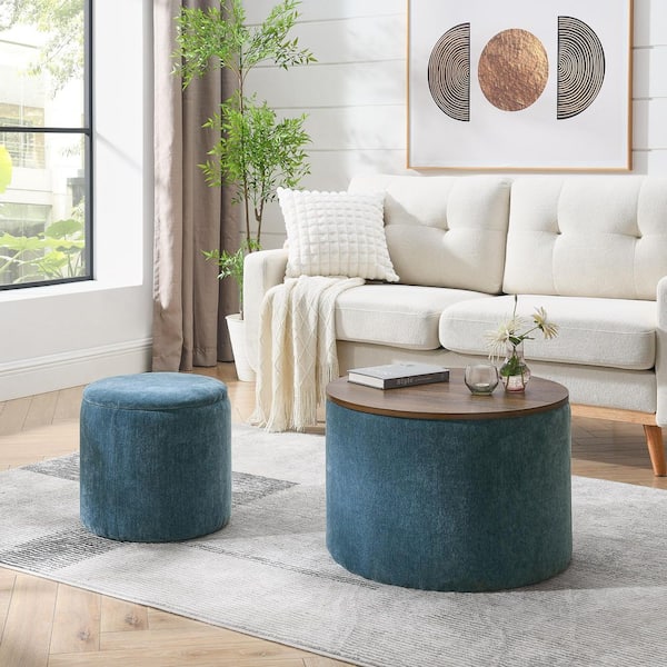 Noble House Jett 2-piece Dark Blue Modern Upholstered Chenille Round Storage Ottoman, MDF+Iron
