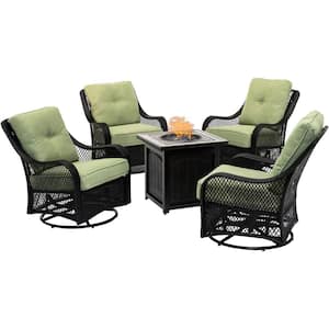 Orleans 5-Piece Steel Patio Fire Pit Conversation Set with Green Jasmine Cushions, Swivel Gliders and Fire Pit Table