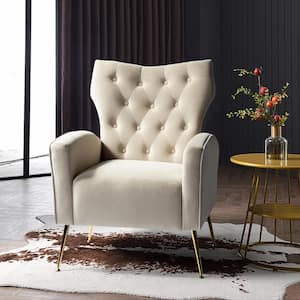 Brion Modern Tan Velvet Button Tufted Comfy Wingback Armchair with Metal Legs