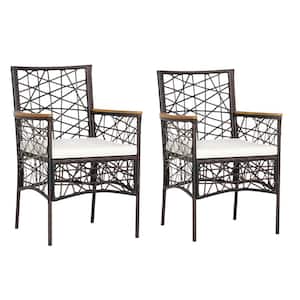 Wicker Outdoor Dining Chairs Patio PE Rattan Armchairs with White Cushions and Acacia Wood Armrests (Set of 2)