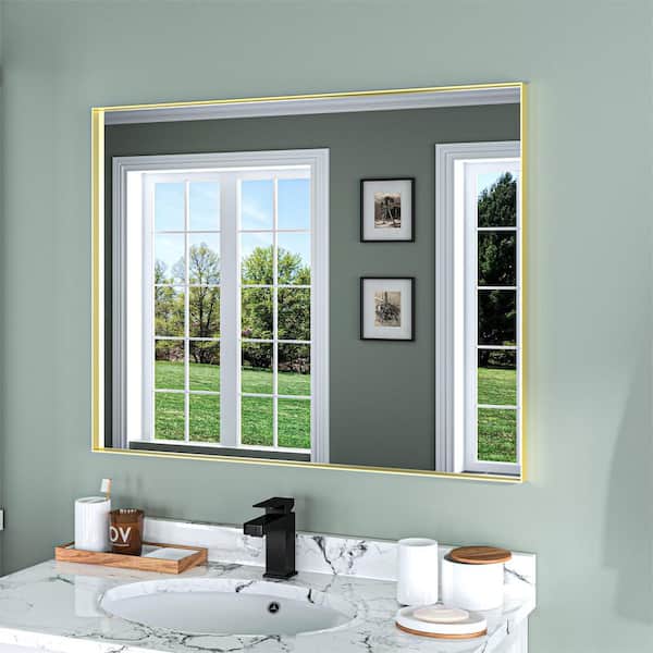 ORGANNICE 28 in. W x 36 in. H Gold Aluminum Rectangle Framed Tempered Glass Wall-mounted Bathroom Mirror