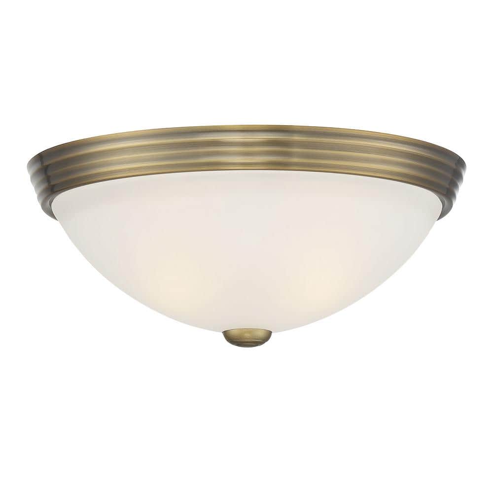 13" Warm Brass and White Etched Glass LED Flush Mount Light