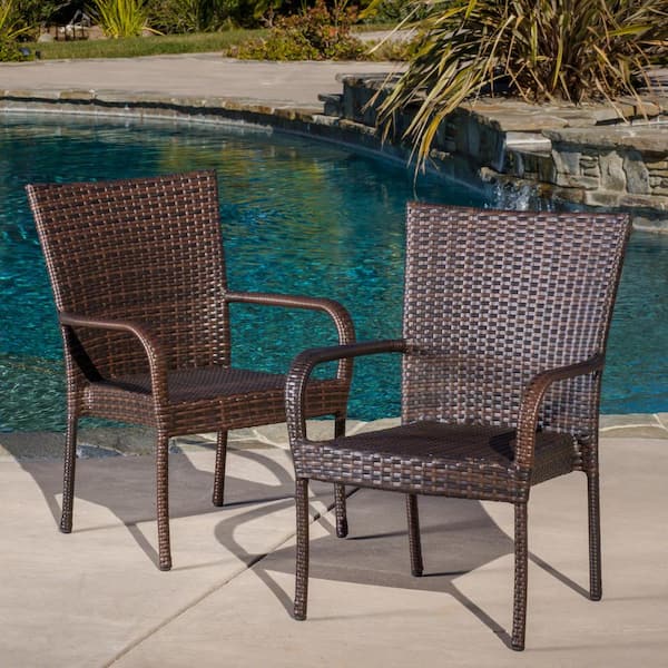 Noble House Multi Brown Stackable Faux Rattan Outdoor Dining Chairs (Set of 2)