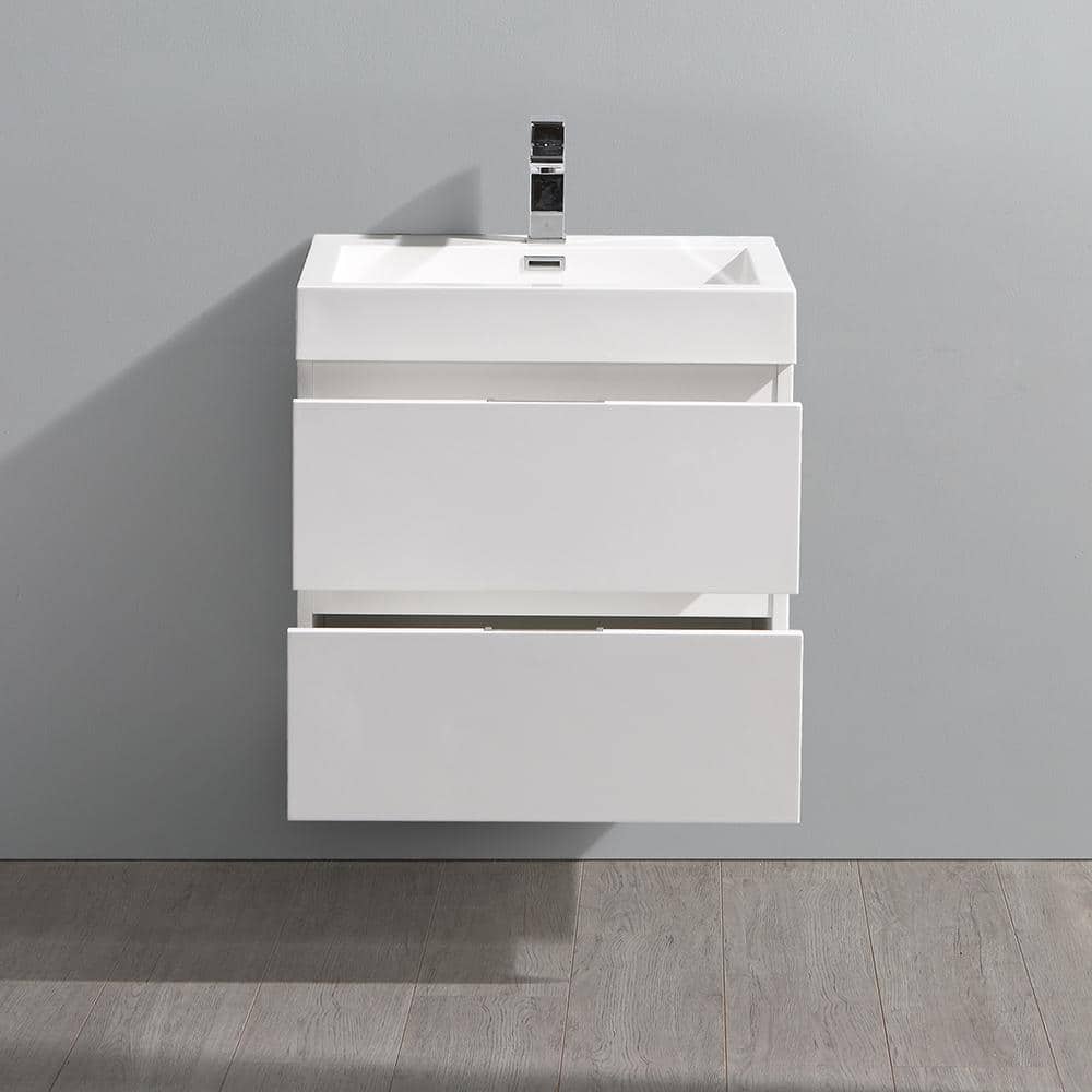 Glossy White 24" Wall-Mount Bathroom Vanity with Acrylic Sink