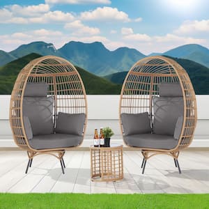3-Piece Patio Wicker Swivel Outdoor Bistro Set with Side Table, Oversized Egg Chair with Gray Cushions
