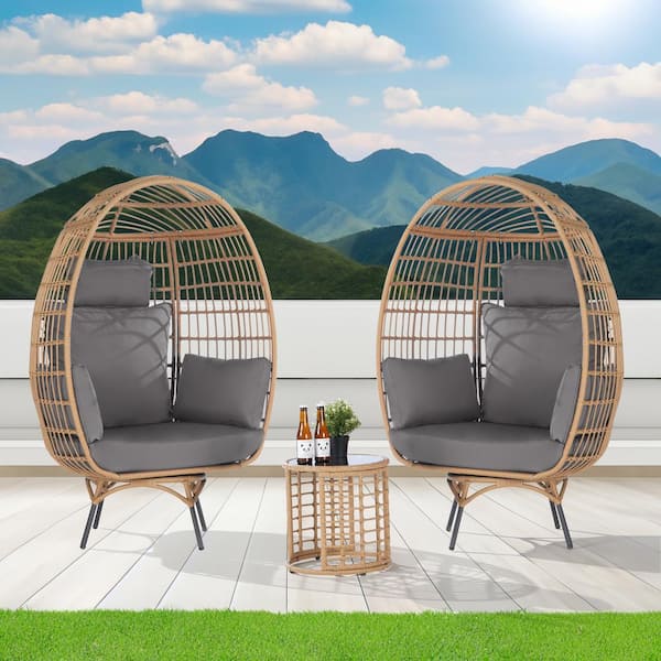 SANSTAR 3-Piece Patio Wicker Swivel Outdoor Bistro Set with Side Table, Oversized Egg Chair with Gray Cushions