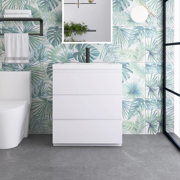 Unbranded 30 in. W x 20 in. D x 34 in. H Freestanding Bathroom Vanity in Hight White with White Solid Surface Top