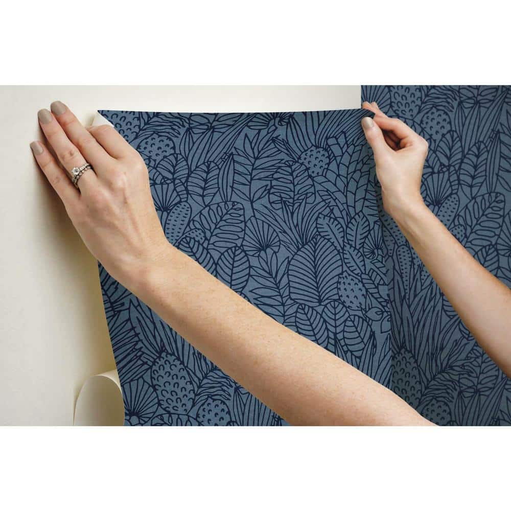 Blue and Navy Tropical Leaves Peel and Stick Wallpaper Roll