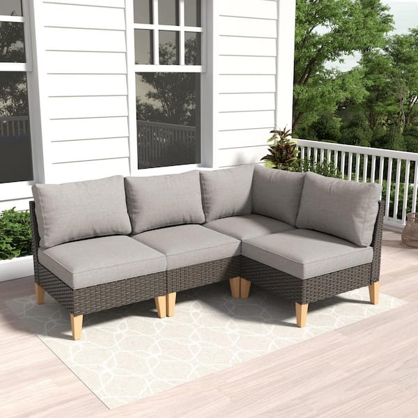 Gymojoy Chic Relax Brown 4-Piece Wicker Patio Corner Couch Outdoor Sectional Sofa with Gray Cushions