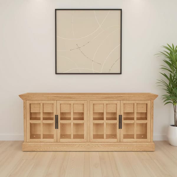 Virelle Natural Oak Wood Buffet with Glass-Front Doors, Molding Detail, and Four Drawers